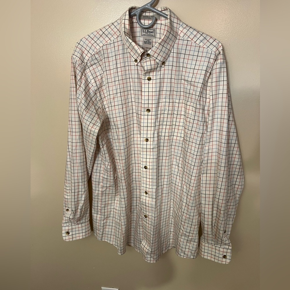 L.L Bean Cream Plaid Wrinkle Free Traditional Fit Button Down Sz L NWOT